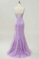 Formal Dresses Lace, Lilac Mermaid Strapless Lace-Up Tulle Applique Long Prom Dress