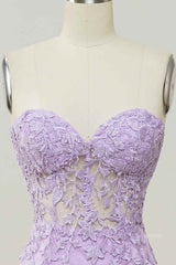 Formal Dress Gown, Lilac Mermaid Strapless Lace-Up Tulle Applique Long Prom Dress