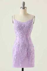 Prom Dress Prom Dresses, Lilac Sheath Scoop Neck Lace-up Back Applique Mini Homecoming Dress