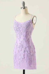Prom Dresses Near Me, Lilac Sheath Scoop Neck Lace-up Back Applique Mini Homecoming Dress