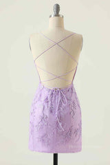 Prom Dress Near Me, Lilac Sheath Scoop Neck Lace-up Back Applique Mini Homecoming Dress