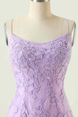 Prom Dress Boutiques Near Me, Lilac Sheath Scoop Neck Lace-up Back Applique Mini Homecoming Dress