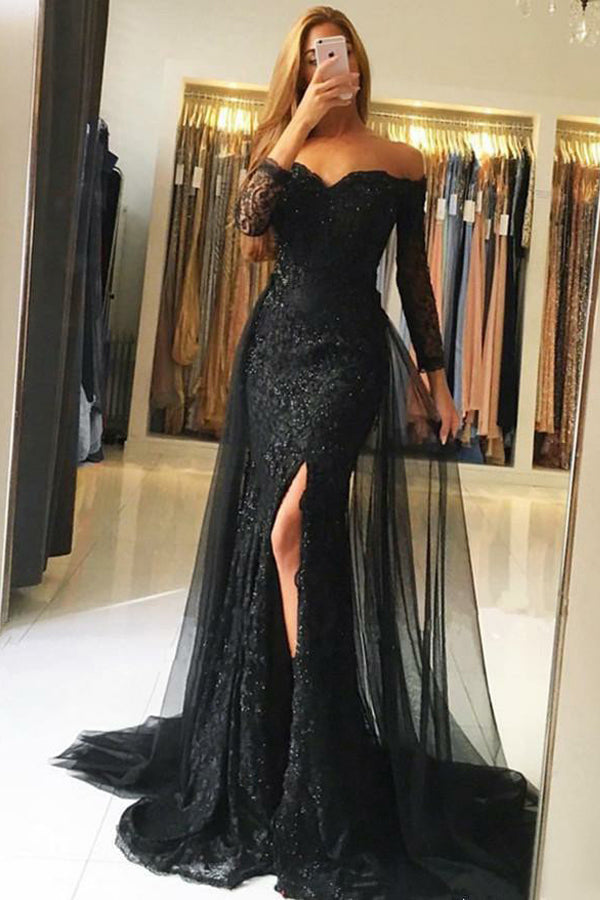 Bridesmaid Dress Blushes, Black Tulle Mermaid Off-the-Shoulder Long Sleeves Prom Dresses with Lace Sequins