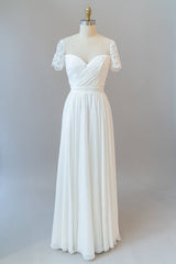 Wedding Dresse Vintage Lace, Long A-line Chiffon Backless Wedding Dress with Sleeves