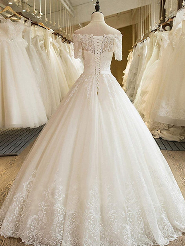 Wedding Dresses Outfits, Long A-line Off Shoulder Court Train Lace Tulle Wedding Dresses with Sleeves