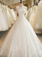 Wedding Dresses Off The Shoulder, Long A-line Off Shoulder Court Train Lace Tulle Wedding Dresses with Sleeves
