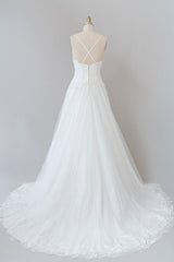 Wedding Dress Winter, Long A-line Spaghetti Strap Applique Tulle Backless Wedding Dress