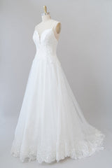 Wedding Dresses Winter, Long A-line Spaghetti Strap Applique Tulle Backless Wedding Dress