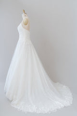 Wedding Dress Places Near Me, Long A-line Spaghetti Strap Applique Tulle Backless Wedding Dress