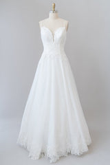 Wedding Dressed Under 1002, Long A-line Spaghetti Strap Applique Tulle Backless Wedding Dress