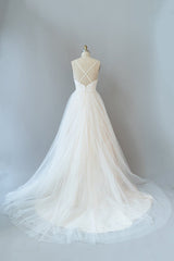 Wedding Dresses Uk, Long A-line Spaghetti Strap Lace Tulle Backless Wedding Dress