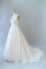 Weddings Dresses Uk, Long A-line Spaghetti Strap Lace Tulle Backless Wedding Dress