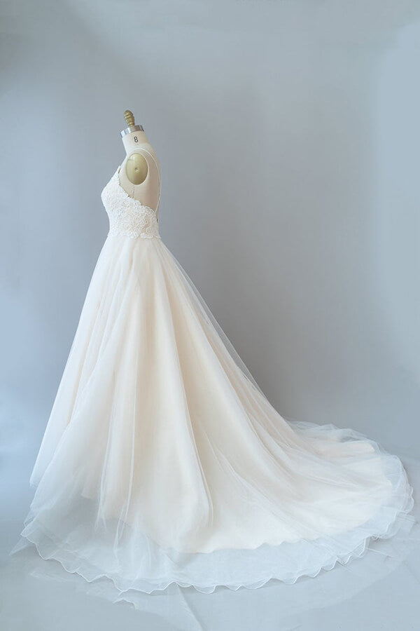 Wedding Dress Uk, Long A-line Spaghetti Strap Lace Tulle Backless Wedding Dress