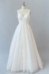 Wedding Dress Rustic, Long A-line Spaghetti Strap Lace Tulle Backless Wedding Dress