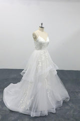 Wedding Dress With Sleeves, Long A-line Sweetheart Appliques Spaghetti Strap Tulle Wedding Dress