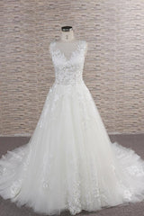 Wedding Dress 2027, Long A-line Sweetheart Applqiues Lace Tulle Wedding Dress