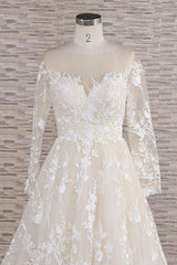 Wedding Dresses Gowns, Long A-line Sweetheart Applqiues Tulle Wedding Dress with Sleeves