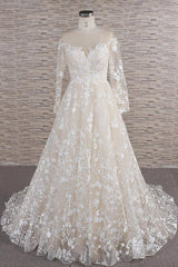Wedding Dresses Under 505, Long A-line Sweetheart Applqiues Tulle Wedding Dress with Sleeves