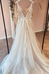 Wedding Dresses Classy, Long A-Line Tulle Appliques Lace Spaghetti Straps V-neck Backless Wedding Dress