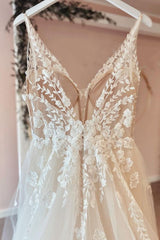 Wedding Dresses Costs, Long A-Line Tulle Appliques Lace Spaghetti Straps V-neck Backless Wedding Dress