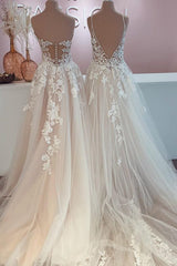 Wedding Dress Shapes, Long A-Line Tulle Lace Appliques Backless Wedding Dress
