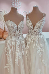 Wedding Dress Shaper, Long A-Line Tulle Lace Appliques Backless Wedding Dress