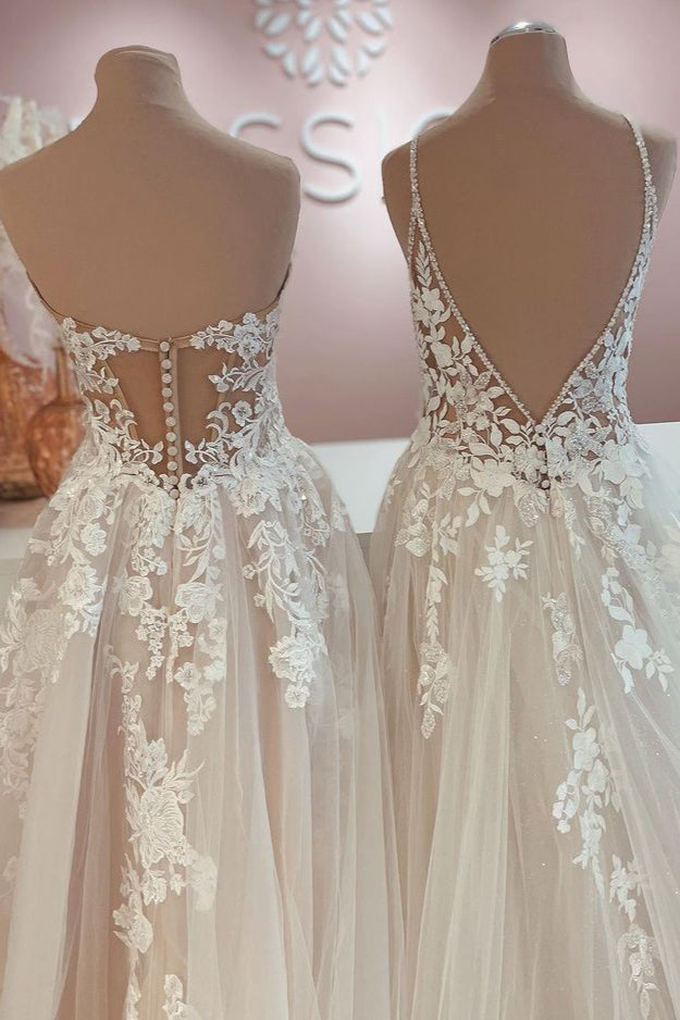 Wedding Dresses Boutiques, Long A-Line Tulle Lace Appliques Backless Wedding Dress