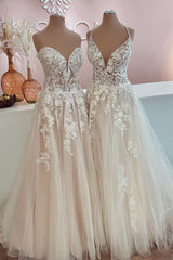 Wedding Dress Shape, Long A-Line Tulle Lace Appliques Backless Wedding Dress