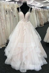 Weddings Dress Lace, Long A-line Tulle V Neck Open Back Layered Wedding Dress