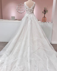 Wedding Dresses For Brides, Long A-line V-neck Appliques Lace Backless Tulle Ruffles Wedding Dress