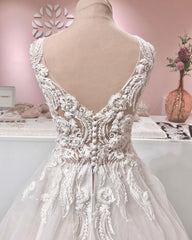 Wedding Dresses Satin, Long A-line V-neck Appliques Lace Backless Tulle Ruffles Wedding Dress