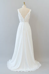 Wedding Dress With Lacing, Long A-line V-neck Appliques Lace Chiffon Wedding Dress