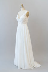 Wedding Dresses With Lace, Long A-line V-neck Appliques Lace Chiffon Wedding Dress
