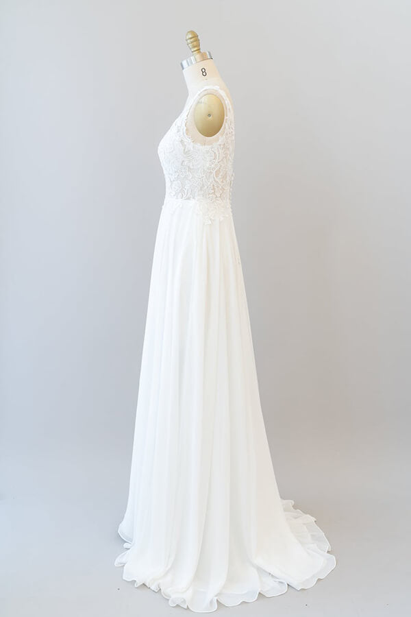 Wedding Dresses Vintage Style, Long A-line V-neck Appliques Lace Chiffon Wedding Dress