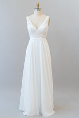 Wedding Dress With Lace, Long A-line V-neck Appliques Lace Chiffon Wedding Dress