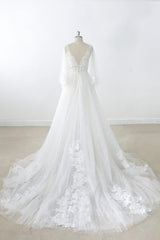Wedding Dress And Veil, Long A-line V-neck Appliques Lace Tulle Backless Wedding Dress with Sleeves