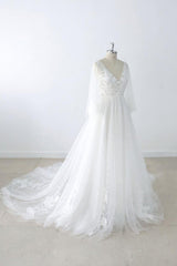 Wedding Dress Flower, Long A-line V-neck Appliques Lace Tulle Backless Wedding Dress with Sleeves