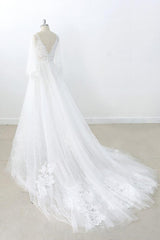 Wedding Dress Flowers, Long A-line V-neck Appliques Lace Tulle Backless Wedding Dress with Sleeves