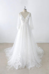 Wedding Dresses And Veils, Long A-line V-neck Appliques Lace Tulle Backless Wedding Dress with Sleeves