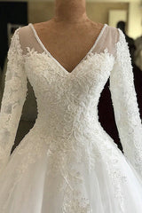 Wedding Dress Designers, Long A-line V-neck Appliques Lace Tulle Wedding Dress with Sleeves