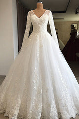 Wedding Dress Designer, Long A-line V-neck Appliques Lace Tulle Wedding Dress with Sleeves