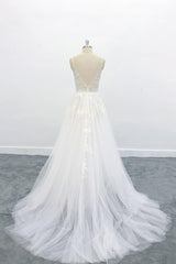 Wedding Dress Sleevs, Long A-line V-neck Backless Appliques Lace Tulle Wedding Dress