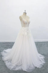 Weddings Dresses Fall, Long A-line V-neck Backless Appliques Lace Tulle Wedding Dress