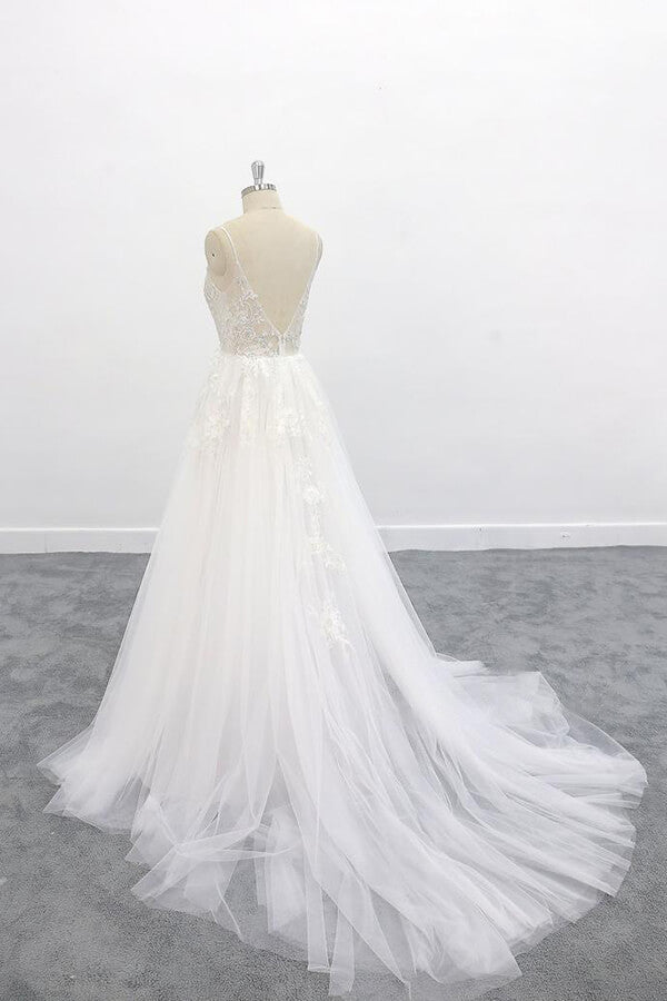 Wedding Dresses Fall, Long A-line V-neck Backless Appliques Lace Tulle Wedding Dress