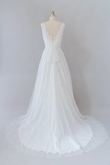 Wedding Dress For Dancing, Long A-line V-neck Lace Tulle Backless Wedding Dress