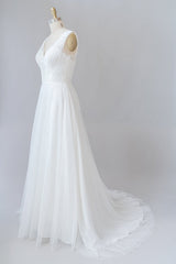 Wedding Dresses Under, Long A-line V-neck Lace Tulle Backless Wedding Dress