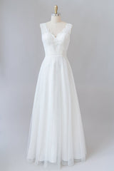 Wedding Dress For Spring, Long A-line V-neck Lace Tulle Backless Wedding Dress