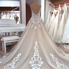 Wedding Dress Ball Gown, Long A-Line V-neck Spaghetti Straps Backless Appliques Lace Tulle Wedding Dress