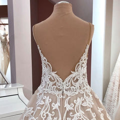 Wedding Dresses For Over 53S, Long A-Line V-neck Spaghetti Straps Backless Appliques Lace Tulle Wedding Dress