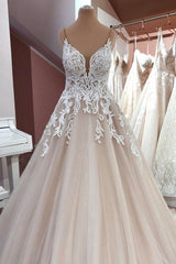 Wedding Dress Near Me, Long A-Line V-neck Spaghetti Straps Backless Appliques Lace Tulle Wedding Dress